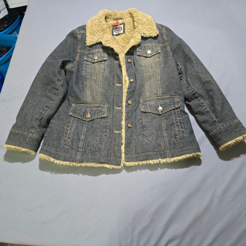 vintage Giacca Denim Jacket Women XL Blue Sherpa Trim Lined Button Front
